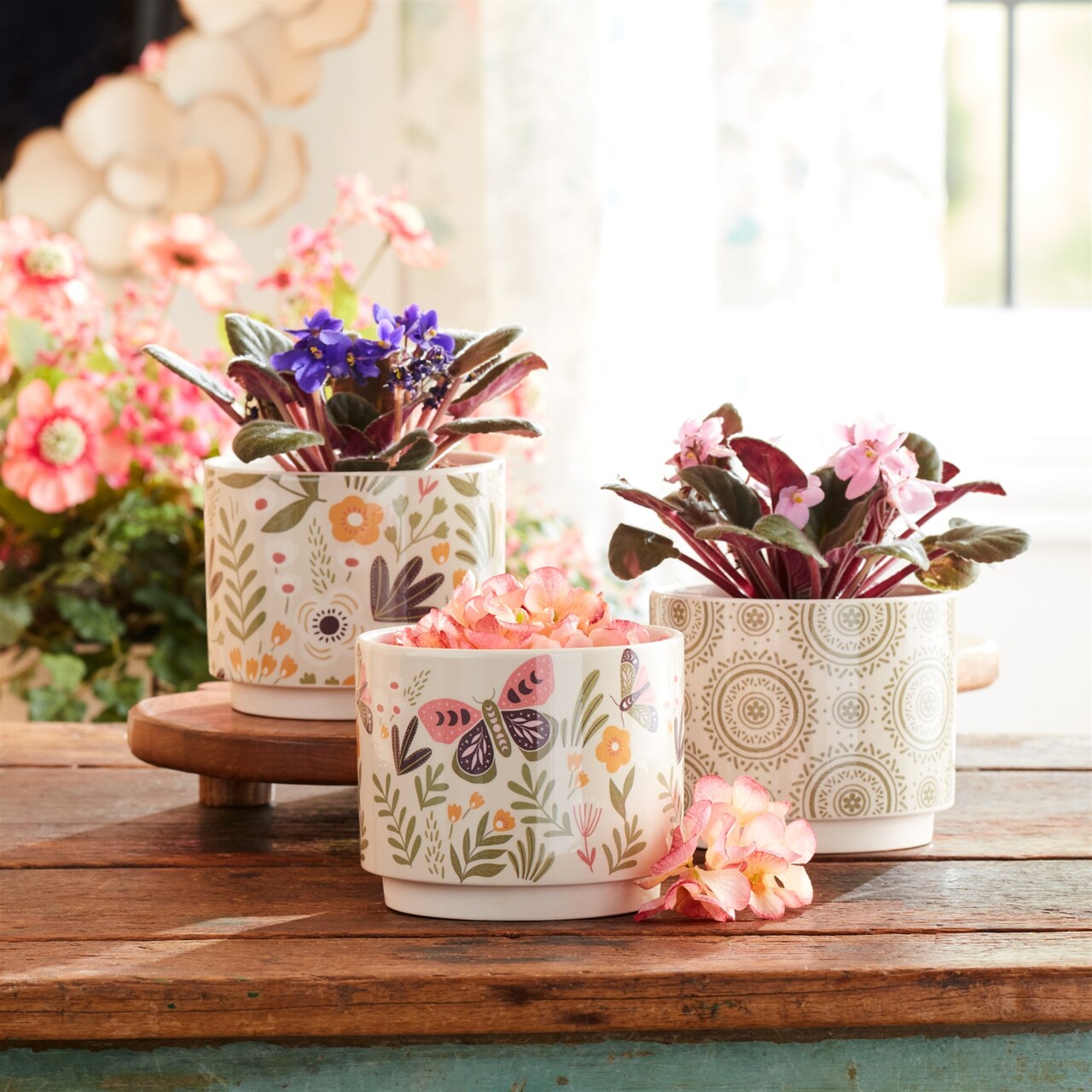 Melrose Floral and Mandala Dolomite Planters - 5" - White - Set of 3